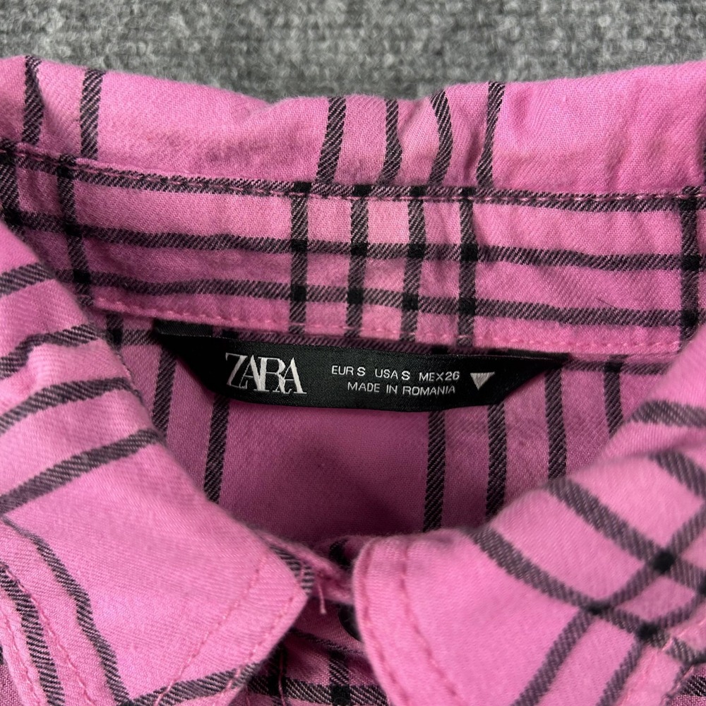 Zara Shirt Womens Small Pink Plaid‎ Flannel Button Front Long Sleeve Casual - Picture 2 of 8